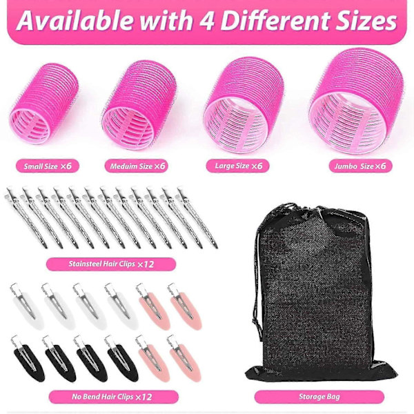 SQCLV Hårrollers Locktänger 48 st Set med 24 st Hårrollers 4 Storlekar (6 Jumbo Rollers/6 Stora Rollers/6 Medium Rollers/6 Små Rollers) och 24 st Ha Pink