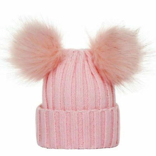 Nyfödd Baby Pojke Flicka Dubbel Pälsboll Mössa Vinter Varm Stickad Toffsmössa Pink Adult