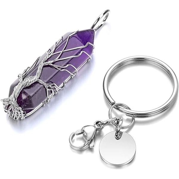 Kristallsten Nyckelring Silver Livets Tråd Inlindad Hexagonal Kristall Punkter Hänge Nyckelring Purple