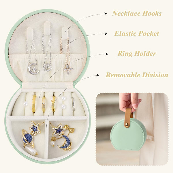 Mini Smyckeskrin Organiser, Resesmyckeskrin för Kvinnor Liten PU-Läder Smyckesförvaringsväska med Blixtlås Bärbar Smyckesgåvoask Bright Green