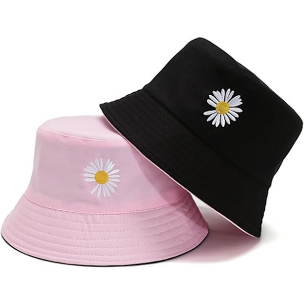 Damebøttehatter - Damer Bøtte Solhatt Daisy Broderi Sommer Fiskehatt Reversibel Bøttehatt Foldbar Fiskehatt for Jenter Sommer