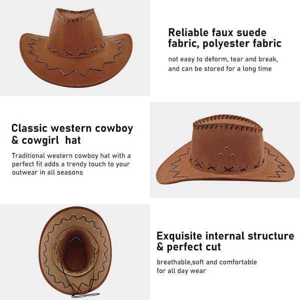 Cowboyhatt i semsket skinn, bredbremmet, vestlig cowboyhatt, autentisk Gunslinger-hatt, filtcowboyhatt for menn og kvinner coffee