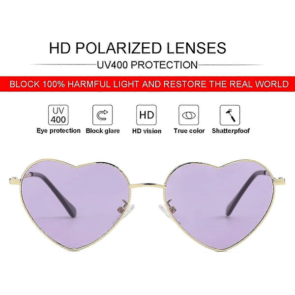 SDIGV Polariserade hjärtformade solglasögon för kvinnor, moderiktig söt stil, metallram, UV400-skydd Gold Purple