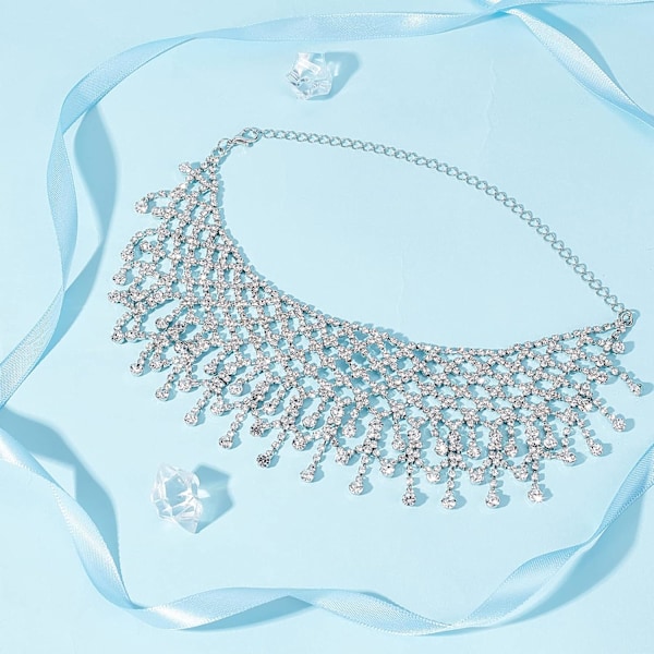 Rhinestones Duske Bred Choker Lys Gull Rhinestone Bib Halskjede Luksus Fringe Halskjede for Bryllupsfest for Kvinner og Jenter