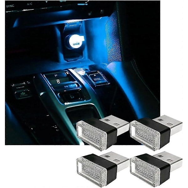 4 stk. USB LED Bil Lys, Mini USB Bil Lys, Plug-in USB Interface Bagagerums Stemningsbelysning Bærbar Natlampe Ice blue