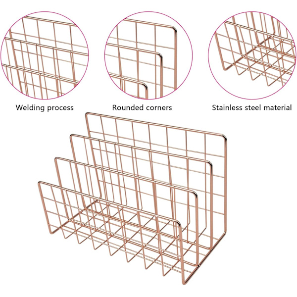 Metallisk Magasinholder for Skrivebord, Filholder med 3 Rom, Jerntråd Oppbevaringshylle, Filorganisator, Holder, Multifunksjonell Brevfil, Bokoppbevaringskurv Rose Gold