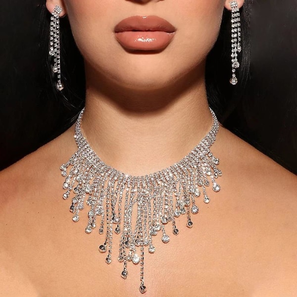 Rhinestone Crystal Set halsband örhängen hänge Silver lång tofs