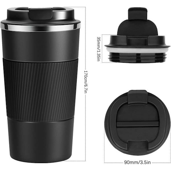 Resanvändbar Termosmugg för Kaffe 510ml/18oz Vakuumisolerad Rostfritt Stål Flask för Varma & Kalla Drycker Black