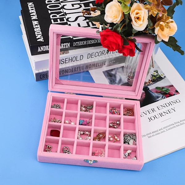 Fløjls Smykkeæske Smykke Organiser til Ring Øreringe Halskæde Smykke Display Æske Opbevaringsæske Smykke Showcase med Låg til Kvinder Pige Pink