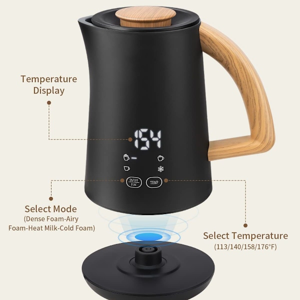 4-i-1 Melkeskummer, 500W Elektrisk Melkeskummer, 500ml Varmt/Kaldt Skum, Intelligent Temperaturkontroll, Svart