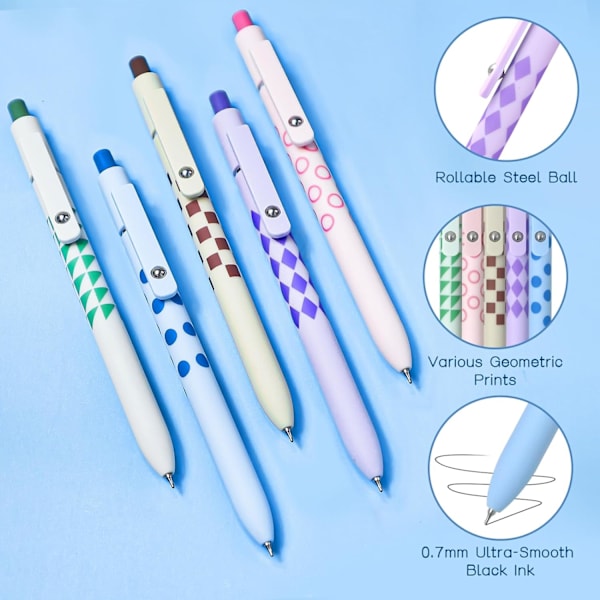 Gelpen, 0,7 mm Sort Blækpen, Tilbagetrækkende Fin Spids Glat Skrivepen til Journal Noter, Sød Kontor Skoleforsyninger Gave til Drenge og Piger 5 Pcs Geometric