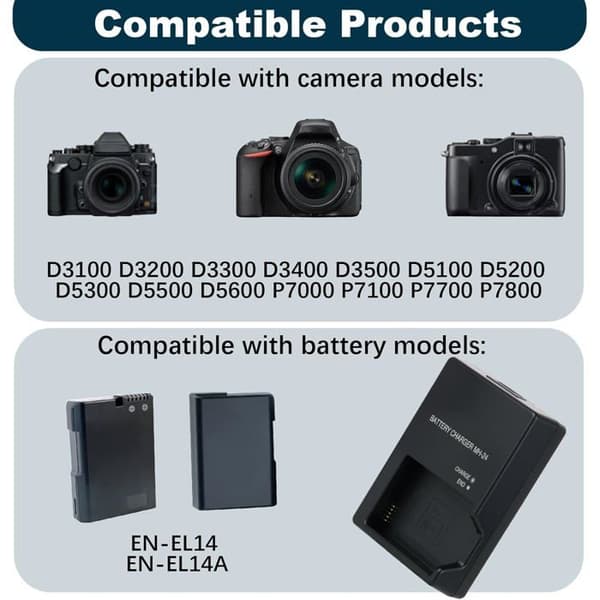 MH-24 Batterioplader - 1 enhed - ABS-plast - Til EN-EL14/EN-EL14a - Nikon D3100 til D5600 - Sort