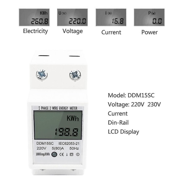 Digitalt strømforbruksmåler 220v 5(80) A Digital 1-faset DIN-skinne energimåler