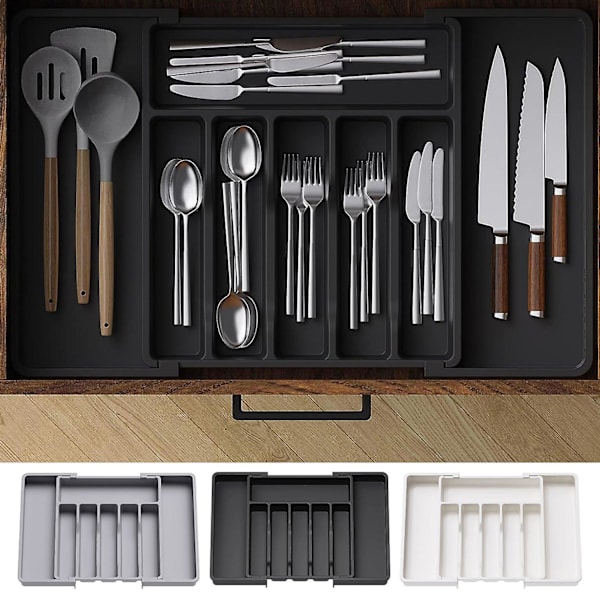 Bestikboks Udvidbar Skuffeorganizer Justerbar Bredde Kompakt Design Nem Adgang Rum Black