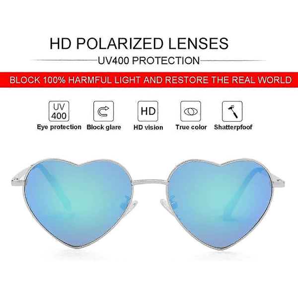 SDIGV Polariserede Hjerte Solbriller til Kvinder, Moderigtig Dejlig Stil Metalramme UV400 Beskyttelseslinse Silver Green Mirror
