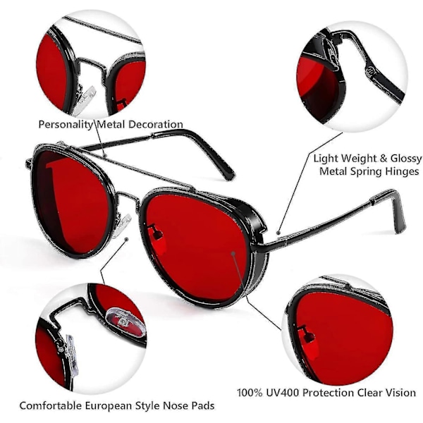 Retro Punk -aurinkolasit, pyöreät punk-tyyliset kaksoissiltalasit naisille ja miehille B2822 Red Lens