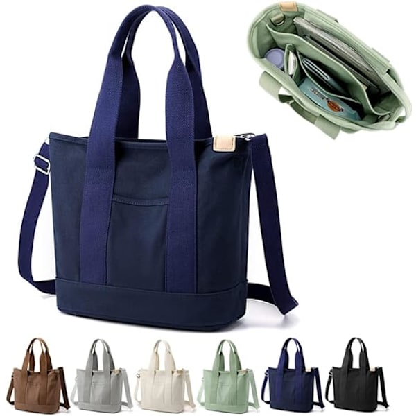 Multi-Pocket Tote Bag med dragkedja, Canvas Handgjord Handväska med fack, Multifunktion Satchels Bag för kvinnor Damer Univisity Skola Arbete Resor Dark Blue - Medium