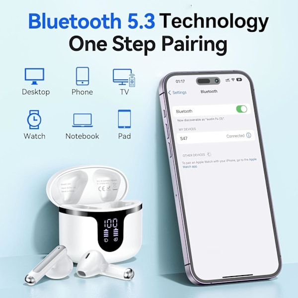 Bluetooth Hörlurar, Bluetooth 5.3 Trådlösa Hörlurar med LED-indikator, IP7 Vattentäta Hörlurar