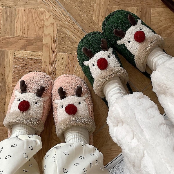 Vinterlige søde juleelg bomulds hjemmesko til kvinder ins mode indendørs husholdning anti-slip par plys hjemmesko til mænd..