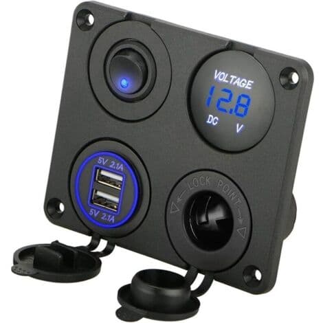 4-i-1 Laderuttakspanel, 12V 4.2A Dobbel USB-laderuttak Strømuttak og LED Voltmeter - Blå
