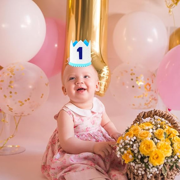 Vauvan Tiara Kruunu 1. Syntymäpäiväjuhliin, Vauvan Ensimmäinen Syntymäpäivä Glitter Kruunu, 1. Syntymäpäivä Hattu Ensimmäiset Syntymäpäivä Pannat Juhlahatut 1. Syntymäpäivälle Light Blue