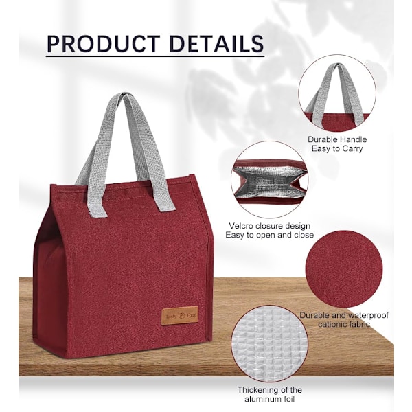 Lunsjposer for Kvinner Menn, Bærbar Isolerende Lunsjpose Vannresistent Lekkasjesikker Lunsjboks Tote Bag for Barn Jenter Gutter Voksne Red
