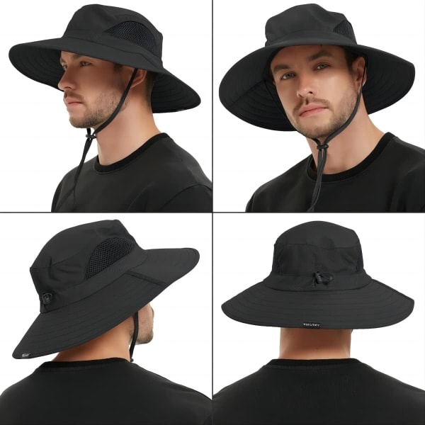 Unisex Solhatt, Vanntett Bredbremmet Bøttehatt Sammenleggbar Boonie Hatt for Fiske Vandring Hage Safari Strand Black