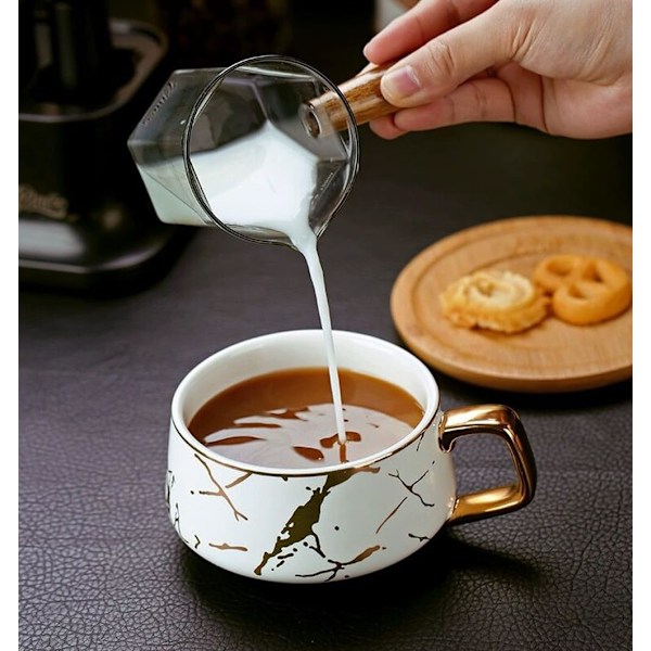 Porcelæn Te Kop Kaffe Kande Sæt til Eftermiddagste - Marmor Mønster (Sort, Kort 300ml + Træ Underkop)