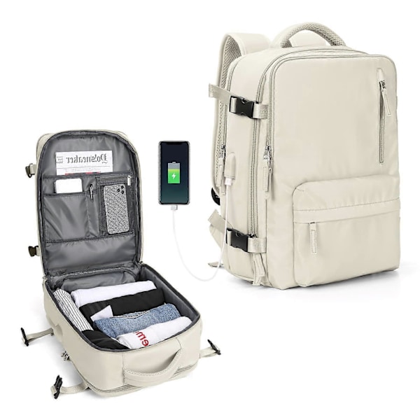 Vattentät Lätt Reseryggsäckar Stor Kapacitet Kvinnors Multifunktionell Resväska USB-Laddning Kvinna Flygbagage Beige 43x30x20cm
