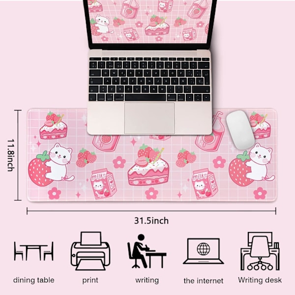 Kawaii Gaming Mousepad til Skrivebord, Udvidet Stor Kat Jordbær Mælk Mousepad, Pink Mousepad XL, Sød Mousepad Anime