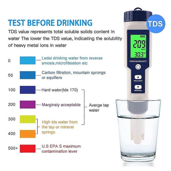 5-i-1 Elektronisk PH-måler, Mål Ph & TDS & EC Salinitet & Temperatur Vannkvalitetstester