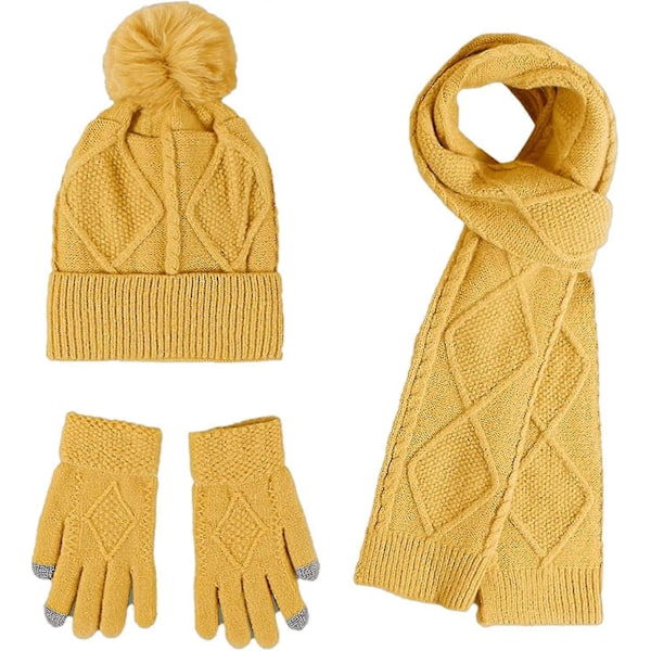 Varm stickad mössa, halsduk och handskar set för damer och flickor, 3 i 1 Pom Yellow