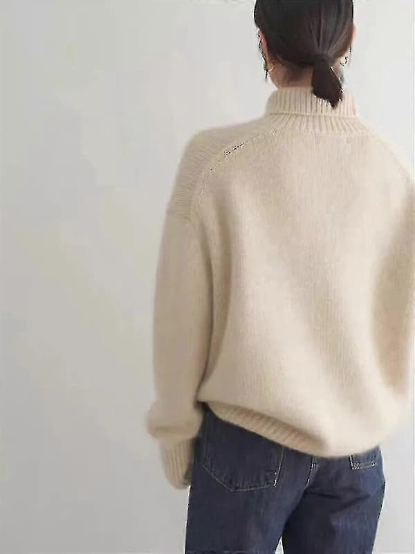 Cashmere-genser med høy hals, 100 % ren ull, strikket løs pullover for damer, høst/vinter Beige L