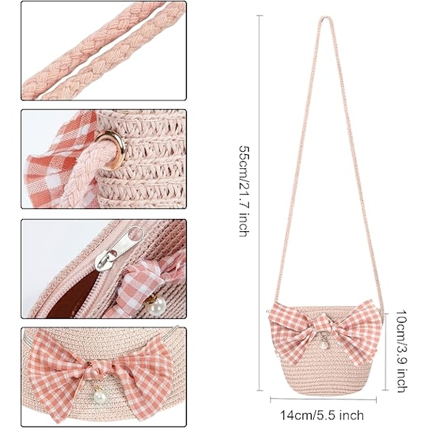 Halmhat og Mini Halm Cross Body Taske Sæt med Sløjfe Dekoration Sommer Strand Solhat til Rejser Udendørs Aktiviteter Pink