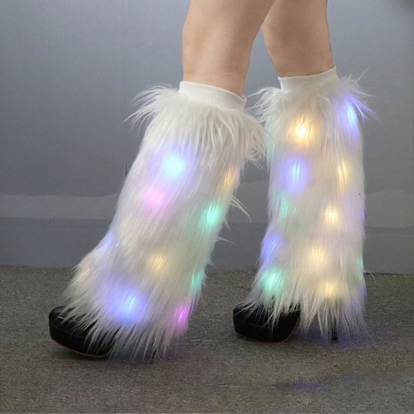 Par Dam Höst Vinter LED Ljus Pälsiga Benvärmare Imitationspäls Stövelöverdrag Plysch Elastiska Benstrumpor Modeaccessoarer White 30cm