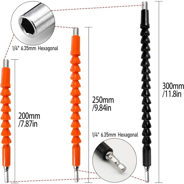 stk fleksible borforlengere, 300 250 200 mm 1/4'' sekskanttilkobling Skrutrekker Skaftspiss Hurtigkoblingsadapter Strøm