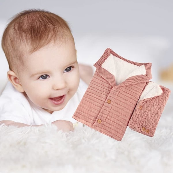 Baby Stickad Baby Wrap Barnvagn Sovsäckshandskar Set Gjorda av lammull med knappar för 0-12 månader Baby (Rosa)
