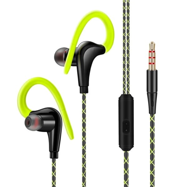 3,5 mm sport-hörlurar med öronkrok, löparhörlurar, Hi-Fi-stereobas, hörlurar med mikrofon (grön)
