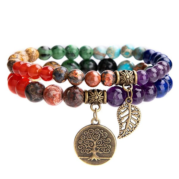 Chakra-rannekorut naisille - Kristallirannekoru naisille luonnonjalokivistä Yoga Reiki -rannekoru - Kaksinkertainen rannekorusetti D