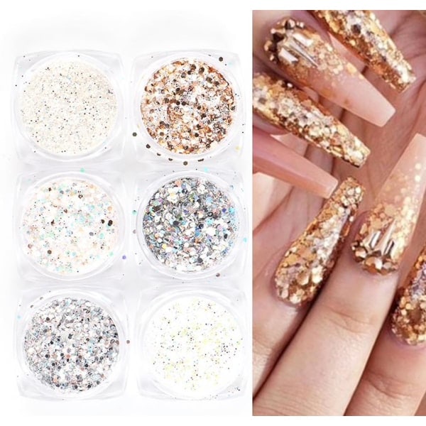 6 stk negl glitter, negl dekorasjoner flerfarget