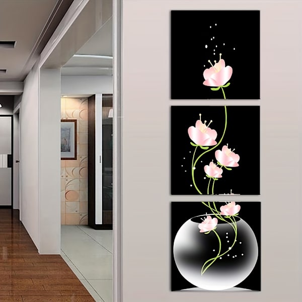 3 st Rosa Blommor Kvadratiska Canvas Tryckmålningar, Väggkonst Bild För Vardagsrum Entré Heminredning, Utan Ramar