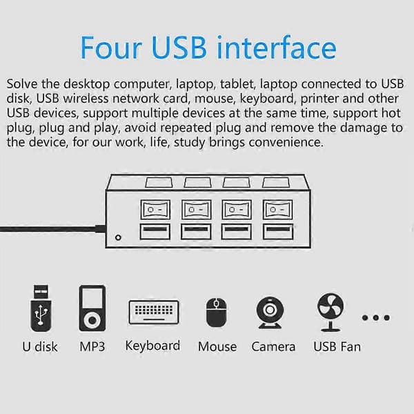 4-Port 2.0 USB Hub med LED-lys og individuelle kontakter til Windows, MacOS White