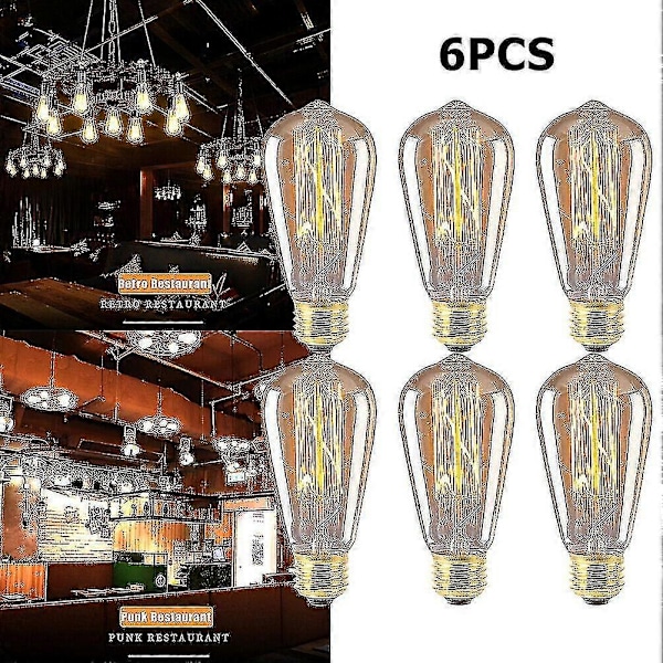 6 stk. Vintage Retro St64 E27 Edison Pærer 40w Filament Pære Varm Hvid