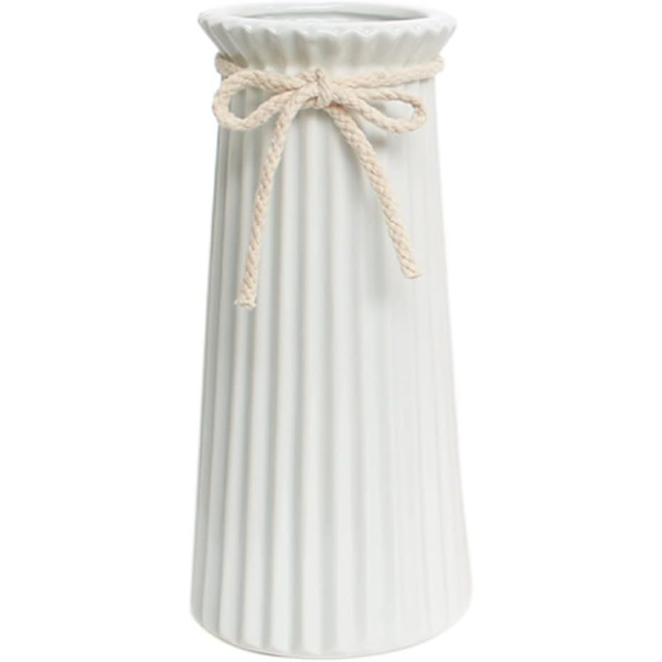 1 stk. Hvid Keramisk Ribbet Vase til Minimalistisk Moderne Hjemindretning, Dekorativ Blomster Vase til Kontor Soveværelse White Height 9.6inch - 24.5cm