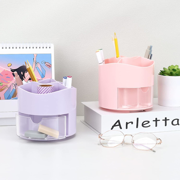 Roterende Pen- og Blyantsholder, 4 Rum Pen Pot - Skrivebordsstationær Opbevaring Makeupbørsteholder til Hjem og Kontor, Pen Organiser Desk Tidy Purple