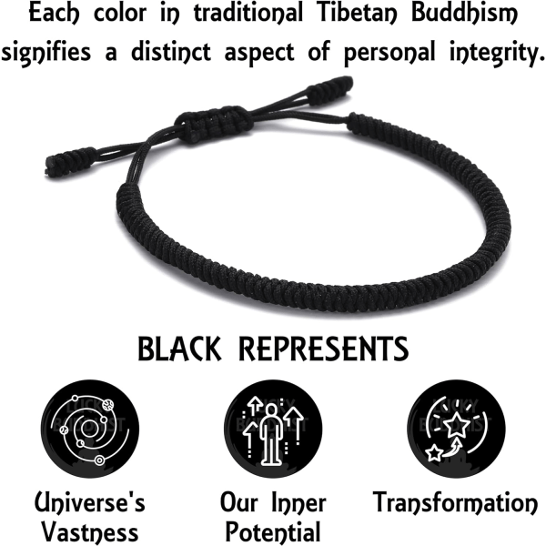 Handgjord tibetansk lyckobringande armband för kvinnor, män, tonåringar, justerbar storlek vänskapspresent handgjord rep flätat chakra armband Black