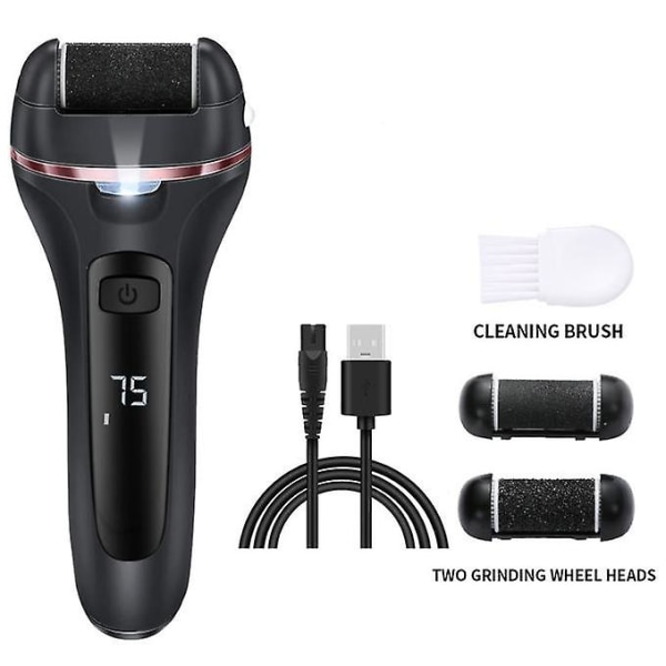 Elektrisk fotfil set, uppladdningsbar vattentät hårborttagningsmedel med 3 rullar och 2 hastigheter för spruckna klackar och död hud (1 st-svart)