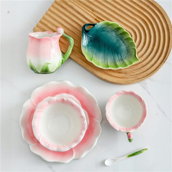 Fargerik Rose Keramisk Kaffe Mark Vannkopp, Tallerken, Plate, Pot Sett for kontor hjem restaurant kafé tehus - Rosa Rose Kanne Red