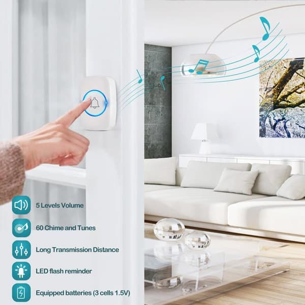 Trådlös utomhusdörrklocka IP44 300m – 60 melodier, 5 volymnivåer, vit