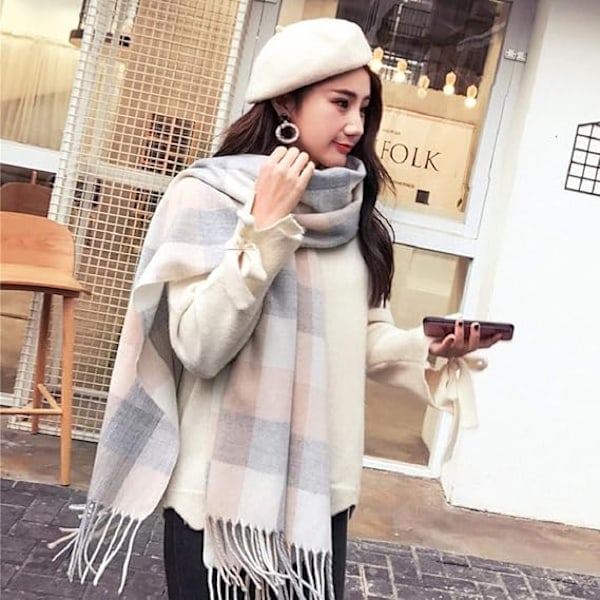 1 stk. Dame Mode Langt Sjal Stort Gitter Vinter Varmt Gitter Stort Tørklæde Light Grey